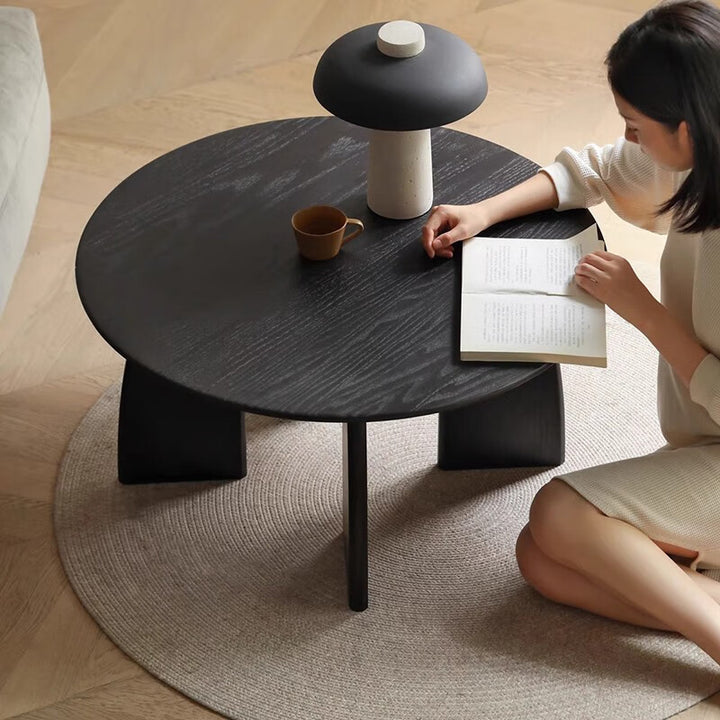 Traditional Japanese Zen Pine Wood Round Top Coffee Table 1-Tier For Living Room
