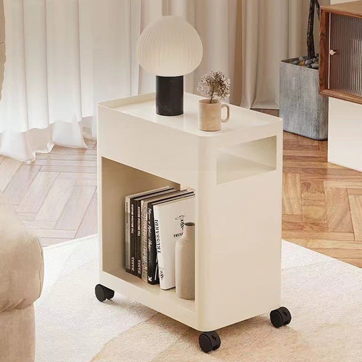 Mesa auxiliar contemporánea nórdica rectangular con bandeja de hierro con estantes de almacenamiento de 2 niveles y ruedas para sala de estar 