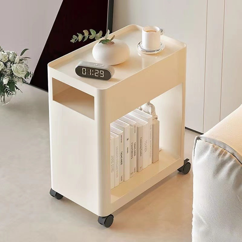 Mesa auxiliar contemporánea nórdica rectangular con bandeja de hierro con estantes de almacenamiento de 2 niveles y ruedas para sala de estar 