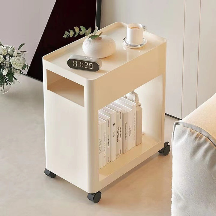 Mesa auxiliar contemporánea nórdica rectangular con bandeja de hierro con estantes de almacenamiento de 2 niveles y ruedas para sala de estar 