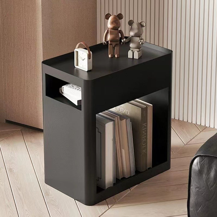 Mesa auxiliar contemporánea nórdica rectangular con bandeja de hierro con estantes de almacenamiento de 2 niveles y ruedas para sala de estar 