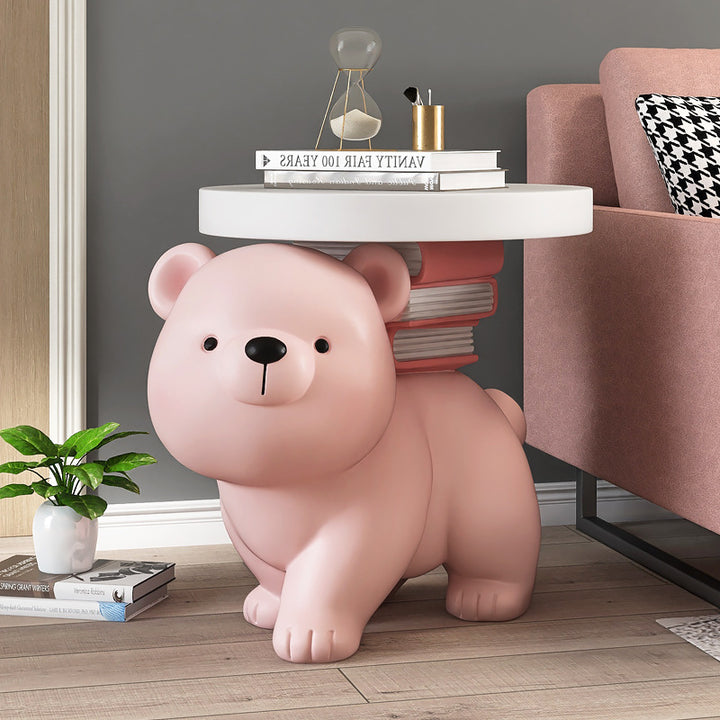 Contemporary Creative Composite Panel Round Top Bear Resin Base Side Table For Living Room