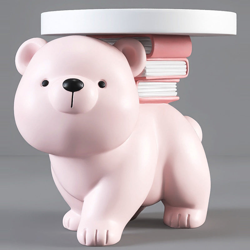 Contemporary Creative Fir Board Round Top Bear Resin Base Side Table For Living Room