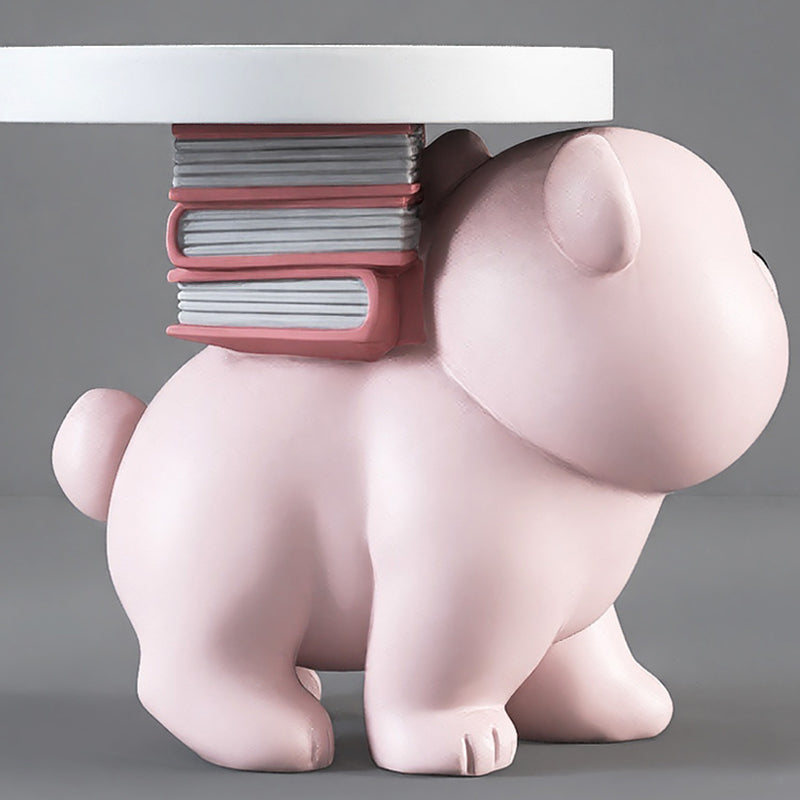 Contemporary Creative Fir Board Round Top Bear Resin Base Side Table For Living Room