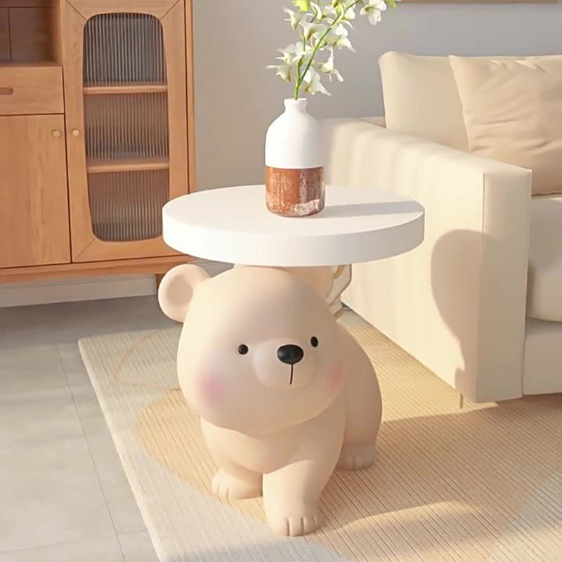 Contemporary Creative Fir Board Round Top Bear Resin Base Side Table For Living Room