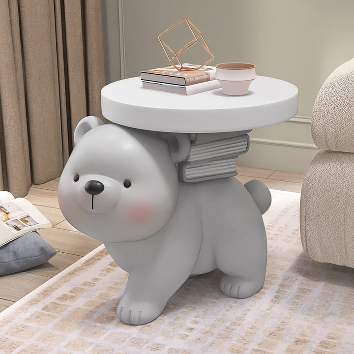 Contemporary Creative Composite Panel Round Top Bear Resin Base Side Table For Living Room