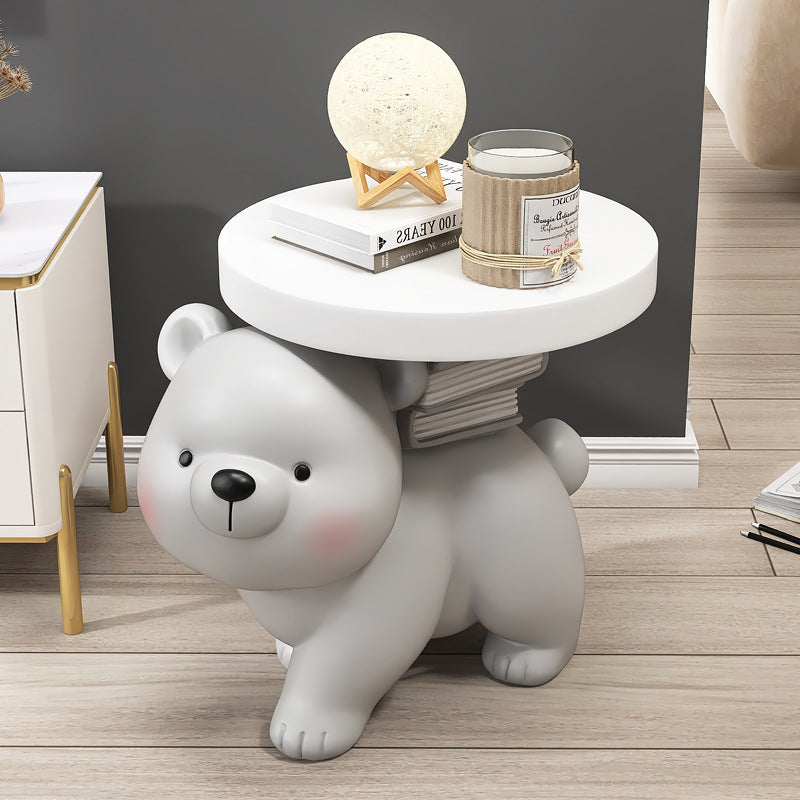 Contemporary Creative Fir Board Round Top Bear Resin Base Side Table For Living Room