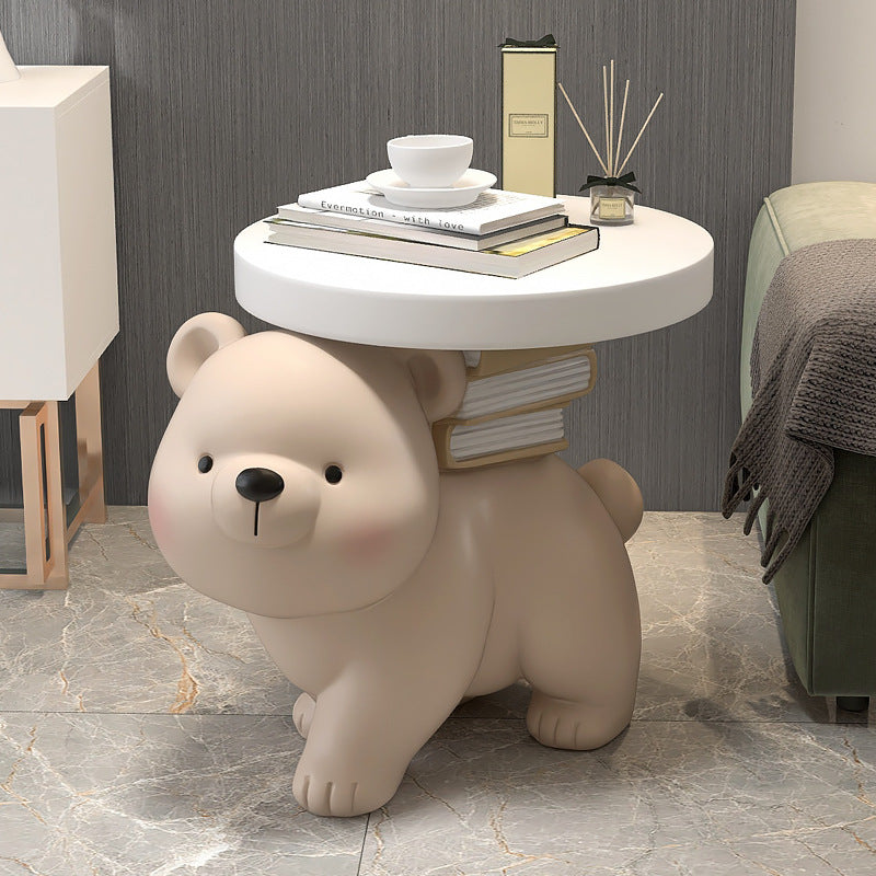 Contemporary Creative Fir Board Round Top Bear Resin Base Side Table For Living Room