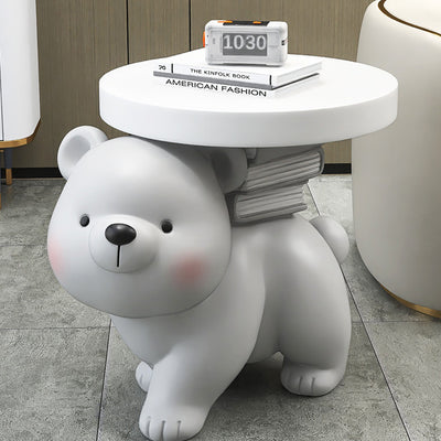 Contemporary Creative Fir Board Round Top Bear Resin Base Side Table For Living Room