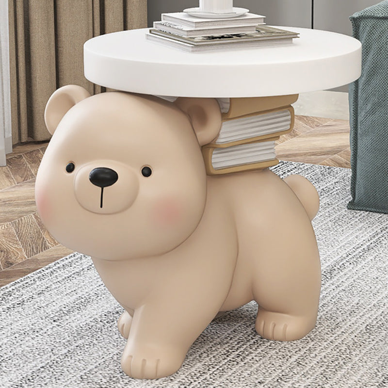 Contemporary Creative Fir Board Round Top Bear Resin Base Side Table For Living Room