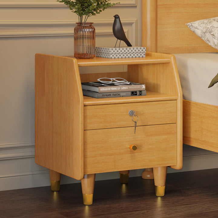 Contemporary Simplicity Rectangular Rubber Wood Plywood Nightstand 2-Drawer Storage Shelves For Bedroom