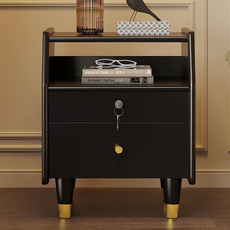 Contemporary Simplicity Rectangular Rubber Wood Plywood Nightstand 2-Drawer Storage Shelves For Bedroom