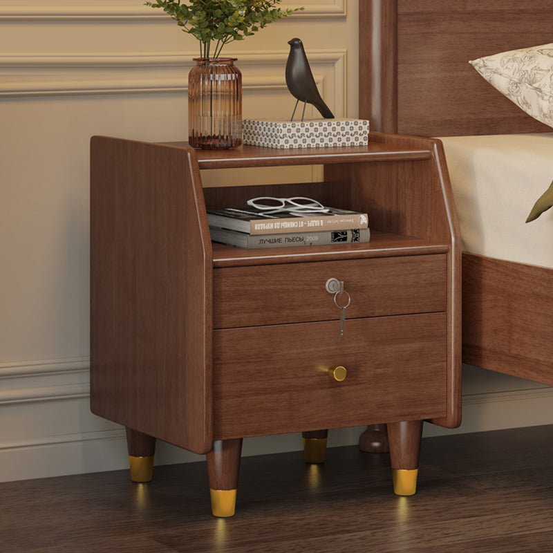 Contemporary Simplicity Rectangular Rubber Wood Plywood Nightstand 2-Drawer Storage Shelves For Bedroom