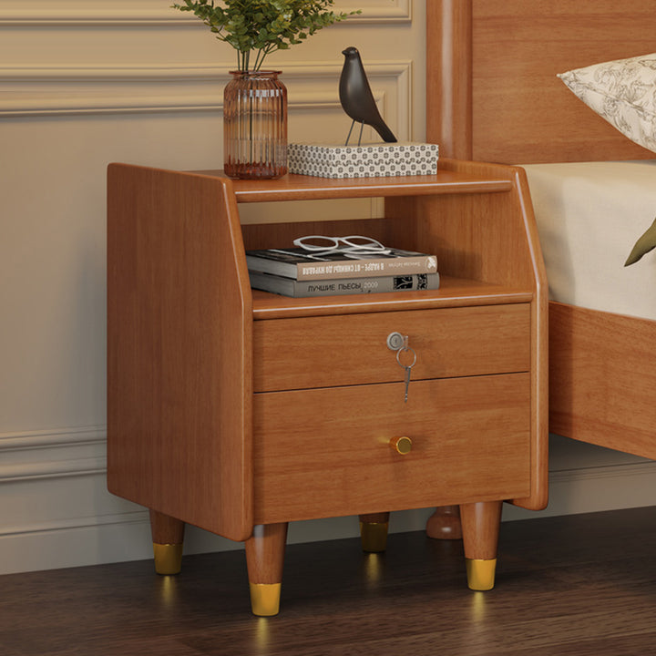 Contemporary Simplicity Rectangular Rubber Wood Plywood Nightstand 2-Drawer Storage Shelves For Bedroom