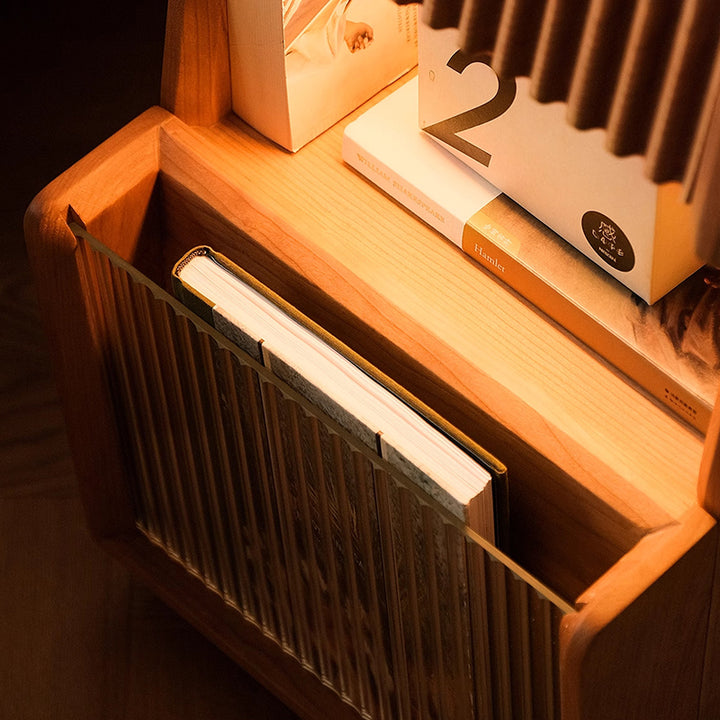 Mesita de noche móvil cuadrada de madera de cerezo y vidrio japonés tradicional con cajón y estante de almacenamiento para dormitorio 