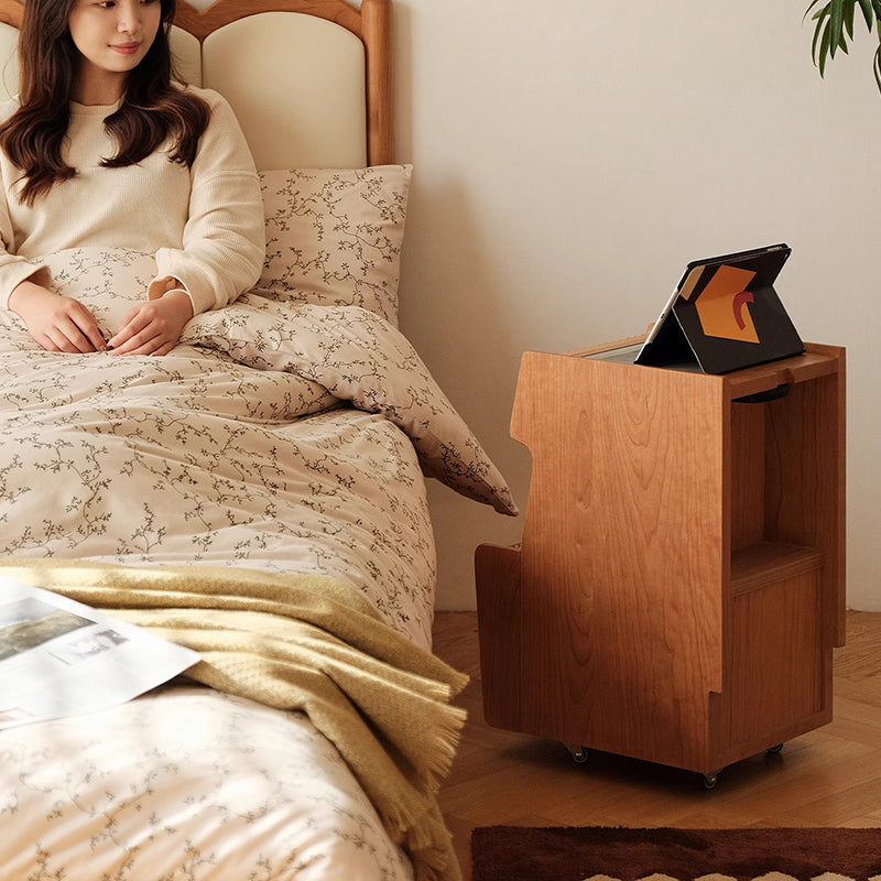 Mesita de noche móvil cuadrada de madera de cerezo y vidrio japonés tradicional con cajón y estante de almacenamiento para dormitorio 