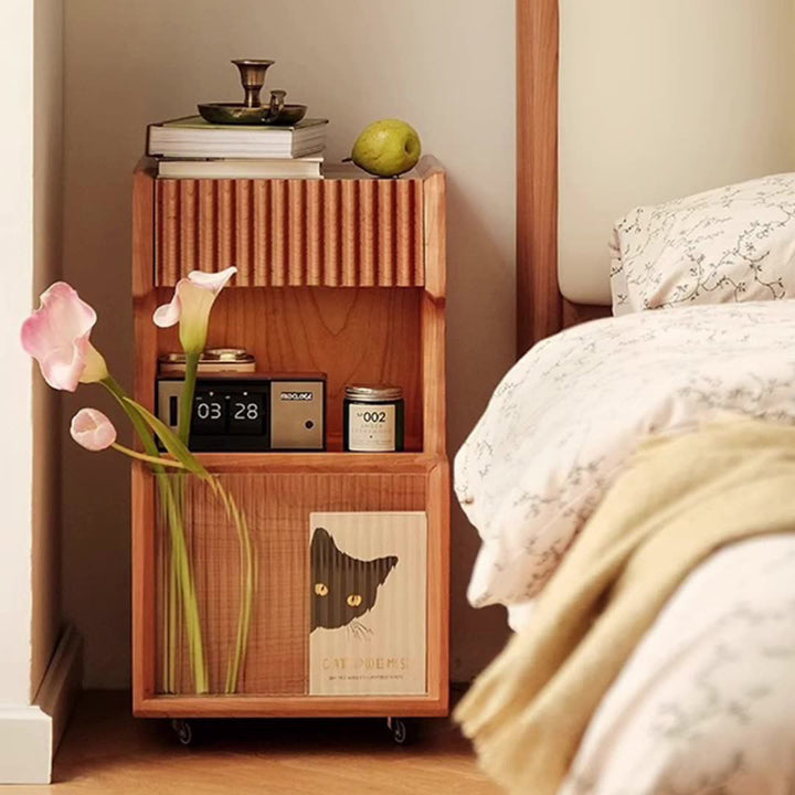 Traditional Japanese Cherry Wood Glass Square Movable Nightstand Drawer Storage Shelf For Bedroom
