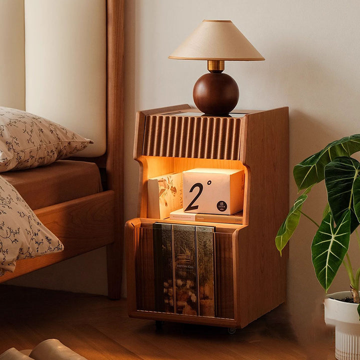 Traditional Japanese Cherry Wood Glass Square Movable Nightstand Drawer Storage Shelf For Bedroom