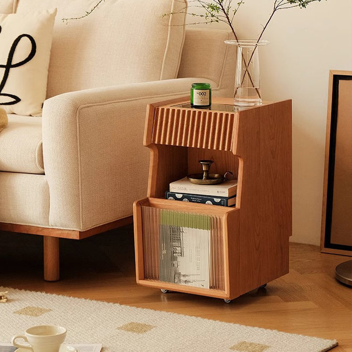 Mesita de noche móvil cuadrada de madera de cerezo y vidrio japonés tradicional con cajón y estante de almacenamiento para dormitorio 