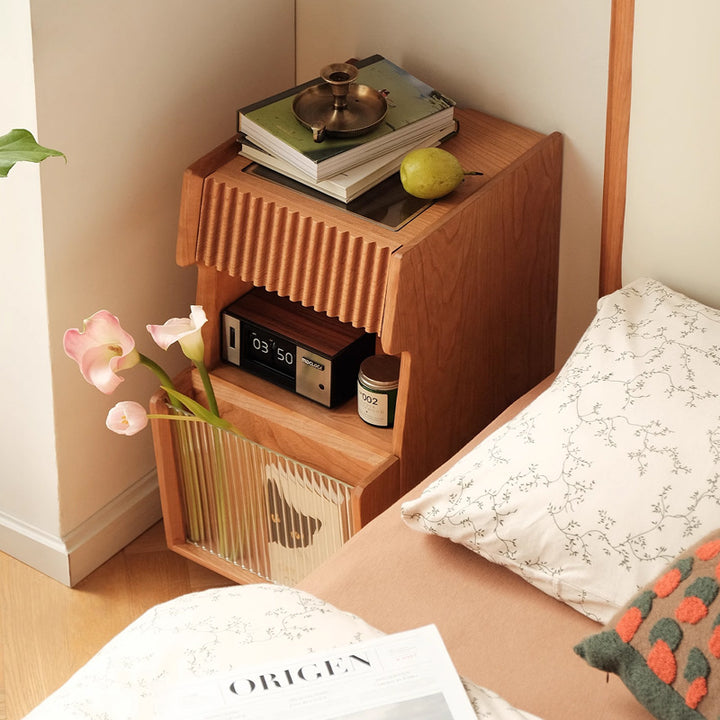 Mesita de noche móvil cuadrada de madera de cerezo y vidrio japonés tradicional con cajón y estante de almacenamiento para dormitorio 