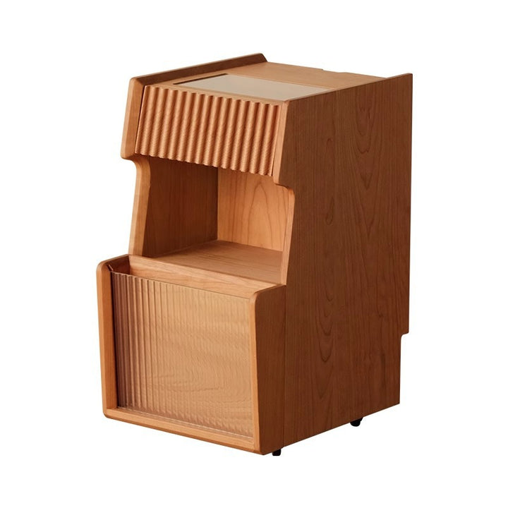 Mesita de noche móvil cuadrada de madera de cerezo y vidrio japonés tradicional con cajón y estante de almacenamiento para dormitorio 
