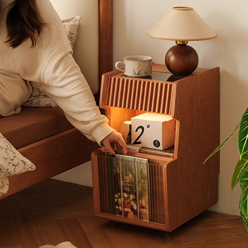 Traditional Japanese Cherry Wood Glass Square Movable Nightstand