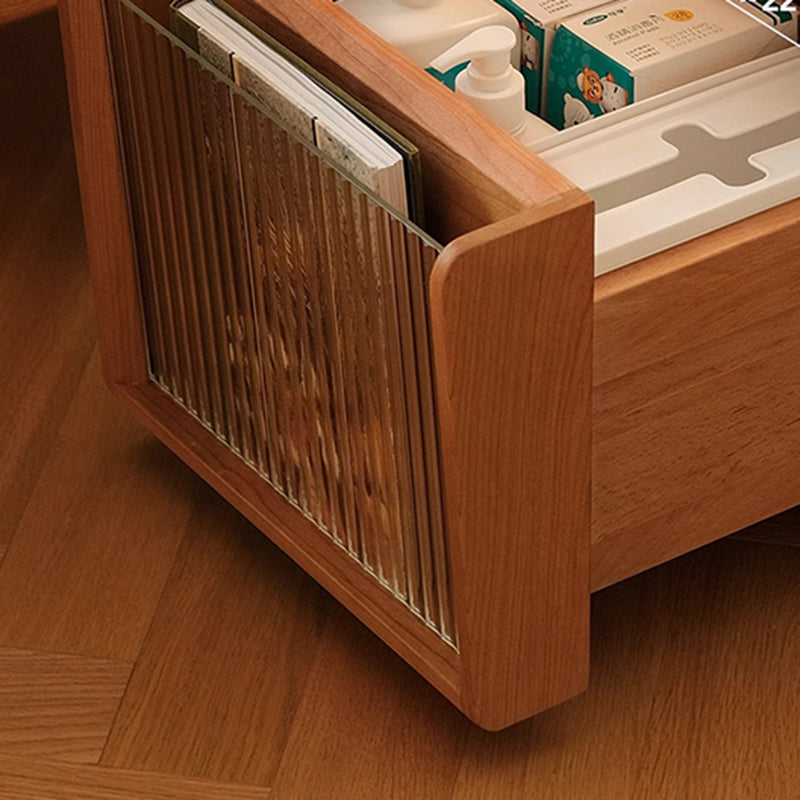 Mesita de noche móvil cuadrada de madera de cerezo y vidrio japonés tradicional con cajón y estante de almacenamiento para dormitorio 