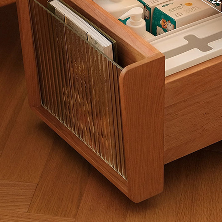 Mesita de noche móvil cuadrada de madera de cerezo y vidrio japonés tradicional con cajón y estante de almacenamiento para dormitorio 