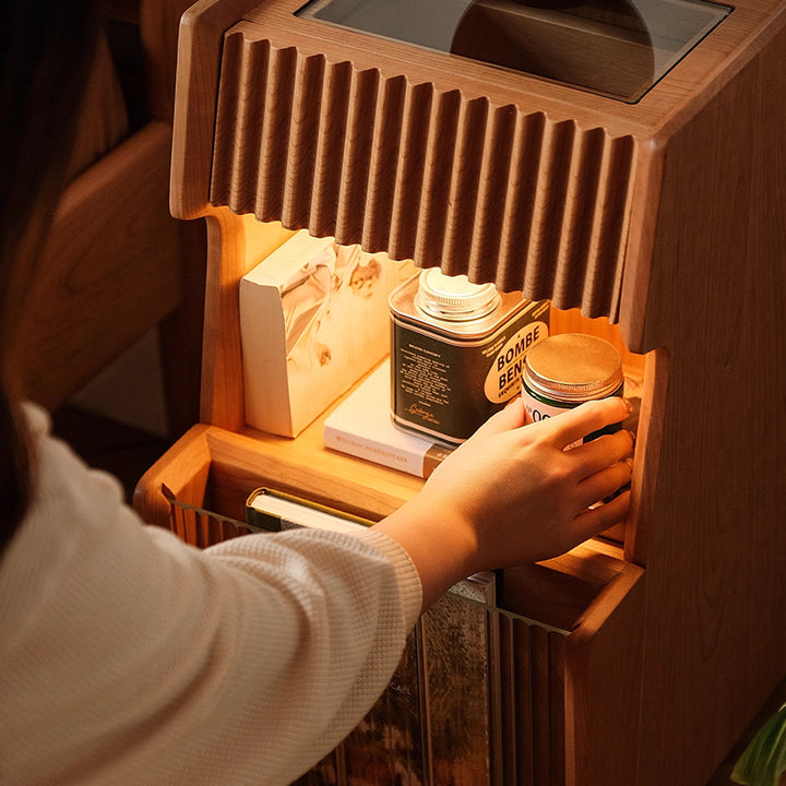 Mesita de noche móvil cuadrada de madera de cerezo y vidrio japonés tradicional con cajón y estante de almacenamiento para dormitorio 