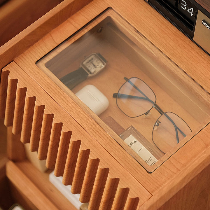 Mesita de noche móvil cuadrada de madera de cerezo y vidrio japonés tradicional con cajón y estante de almacenamiento para dormitorio 