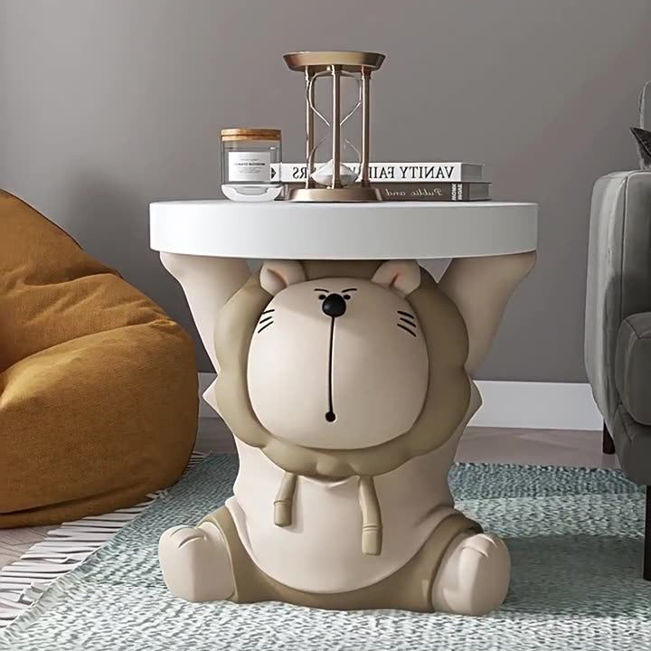 Contemporary Creative Round Animal Lion MDF Resin Side Table For Living Room