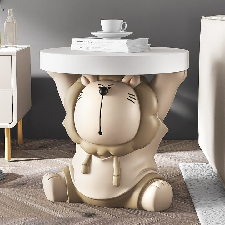 Contemporary Creative Round Animal Lion MDF Resin Side Table For Living Room