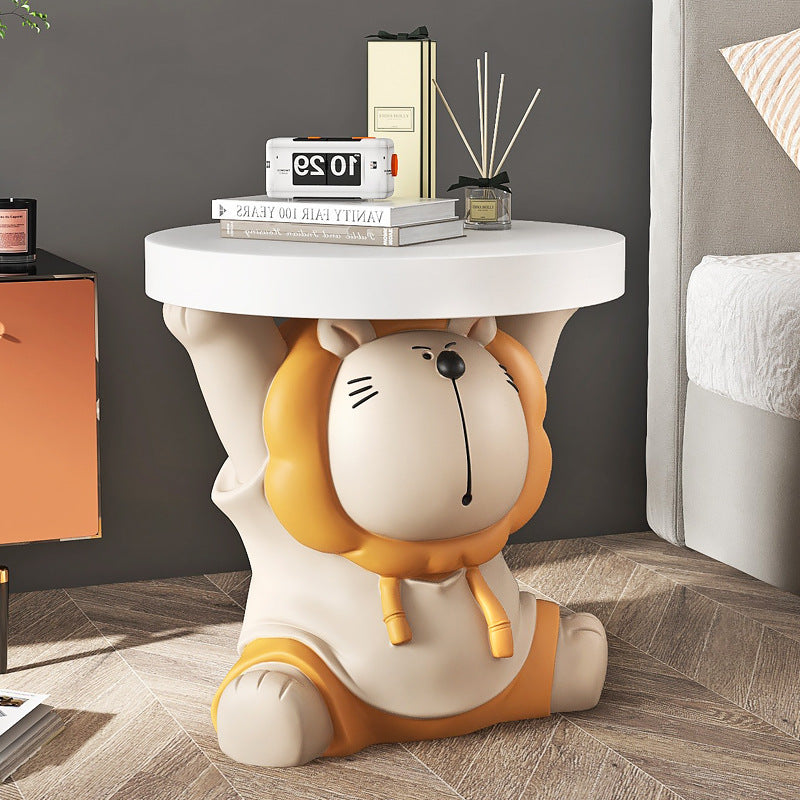 Contemporary Creative Round Animal Lion MDF Resin Side Table For Living Room