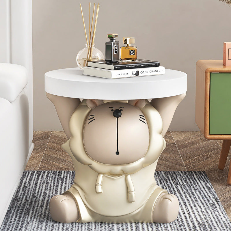 Contemporary Creative Round Animal Lion MDF Resin Side Table For Living Room