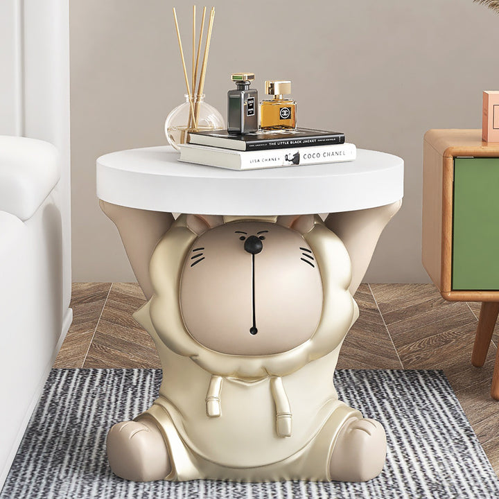 Contemporary Creative Round Animal Lion MDF Resin Side Table For Living Room
