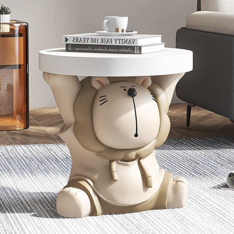 Contemporary Creative Round Animal Lion MDF Resin Side Table For Living Room