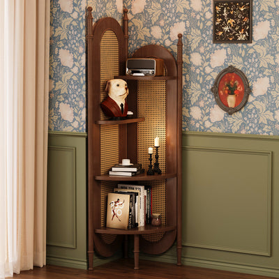 Traditional Vintage Rattan Weaving Solid Wood Corner Shelf Unit Triangle Cabinet 4-Shelf For Living Room