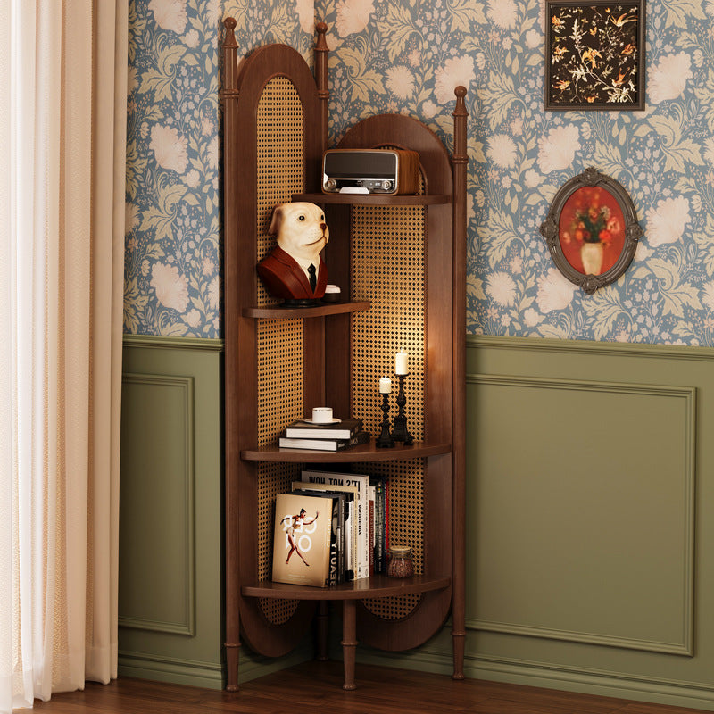 Traditional Vintage Rattan Weaving Solid Wood Corner Shelf Unit Triangle Cabinet 4-Shelf For Living Room