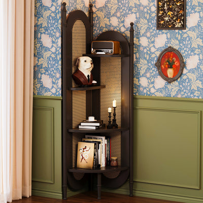 Traditional Vintage Rattan Weaving Solid Wood Corner Shelf Unit Triangle Cabinet 4-Shelf For Living Room