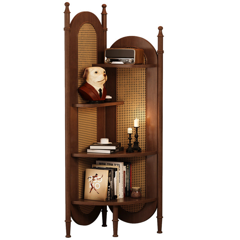 Traditional Vintage Rattan Weaving Solid Wood Corner Shelf Unit Triangle Cabinet 4-Shelf For Living Room