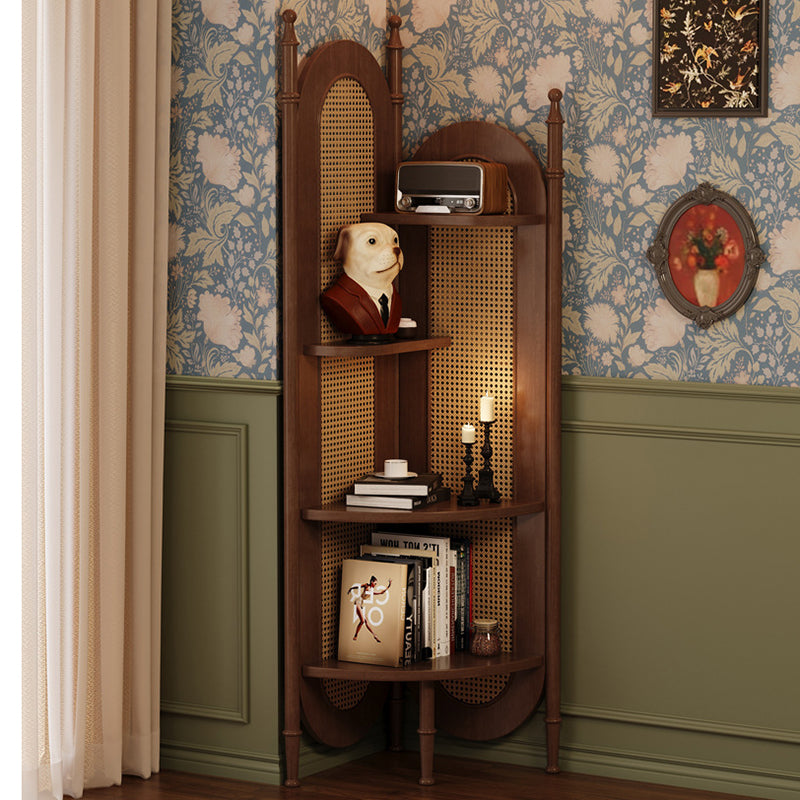 Traditional Vintage Rattan Weaving Solid Wood Corner Shelf Unit Triangle Cabinet 4-Shelf For Living Room