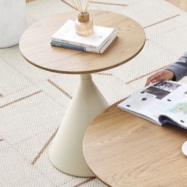 Contemporary Nordic Wood Grain Round Top Steel Funnel Base Coffee Table For Living Room