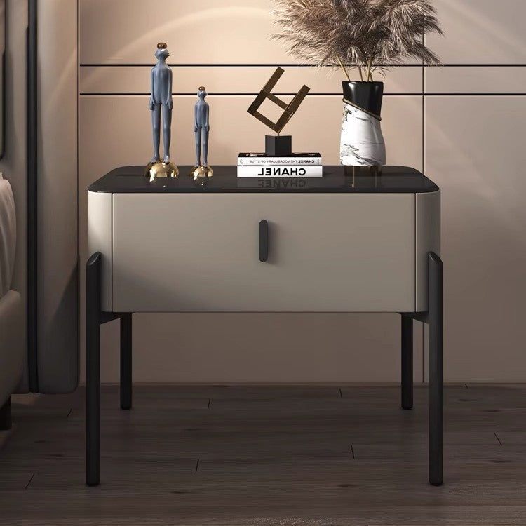 Contemporary Luxury Rectangular Tempered Glass Top Faux Leather Veneered MDF Frame Nightstand 1-Drawer For Bedroom