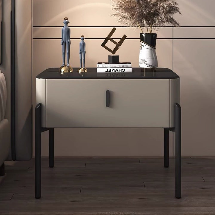 Contemporary Luxury Rectangular Tempered Glass Top Faux Leather Veneered MDF Frame Nightstand 1-Drawer For Bedroom
