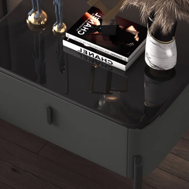 Contemporary Luxury Rectangular Tempered Glass Top Faux Leather Veneered MDF Frame Nightstand 1-Drawer For Bedroom