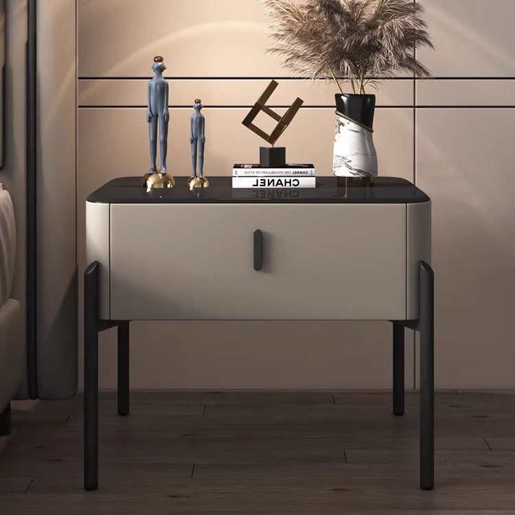 Contemporary Luxury Rectangular Tempered Glass Top Faux Leather Veneered MDF Frame Nightstand 1-Drawer For Bedroom