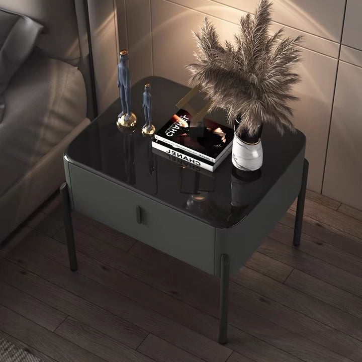 Contemporary Luxury Rectangular Tempered Glass Top Faux Leather Veneered MDF Frame Nightstand 1-Drawer For Bedroom