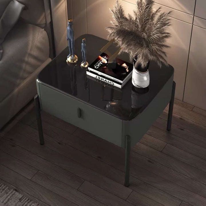 Contemporary Luxury Rectangular Tempered Glass Top Faux Leather Veneered MDF Frame Nightstand 1-Drawer For Bedroom