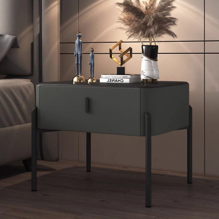 Contemporary Luxury Rectangular Tempered Glass Top Faux Leather Veneered MDF Frame Nightstand 1-Drawer For Bedroom