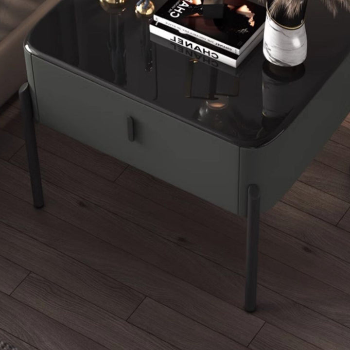 Contemporary Luxury Rectangular Tempered Glass Top Faux Leather Veneered MDF Frame Nightstand 1-Drawer For Bedroom